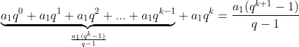 Indução finita Gif.latex?\underset{\frac{a_1(q^k-1)}{q-1}}{\underbrace{a_1q^0+a_1q^1+a_1q^2+..